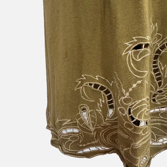 Boho Olive Green Embroidered Mini Dress - Sleeveless, Smocked Waist- M - Picture 7 of 11